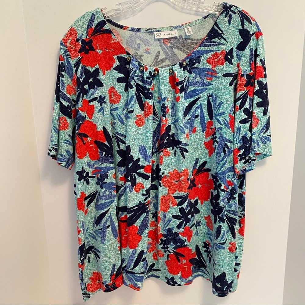 Rafaella Women's Short Sleeve Gold Bead Accent Floral Print Top Plus Size 2X